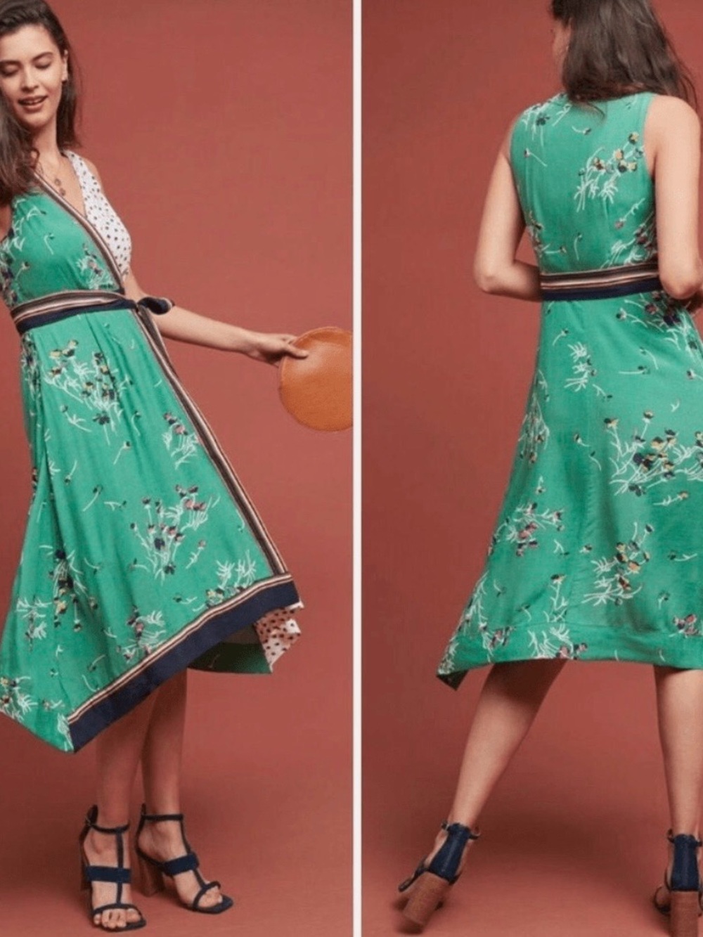 Anthropologie, Maeve, Size 14 Green Floral & White Polka-Dot Wrap Dress - Picture 8 of 8